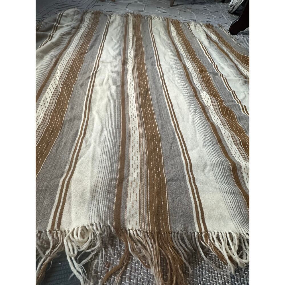 Vintage wool throw blanket brown beige mid century fringed